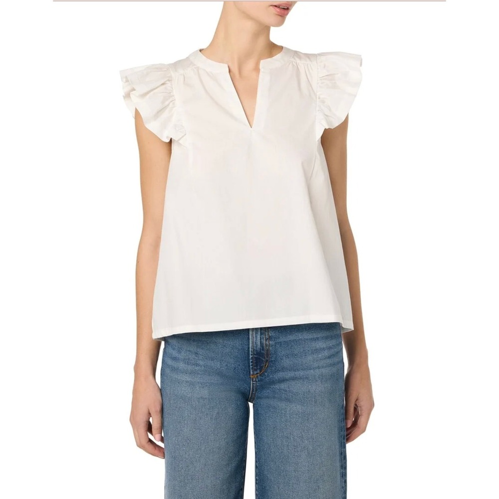 Joe's Jeans White Cotton Flutter Ruffle Sleeve Split Neck Blouse Top Medium